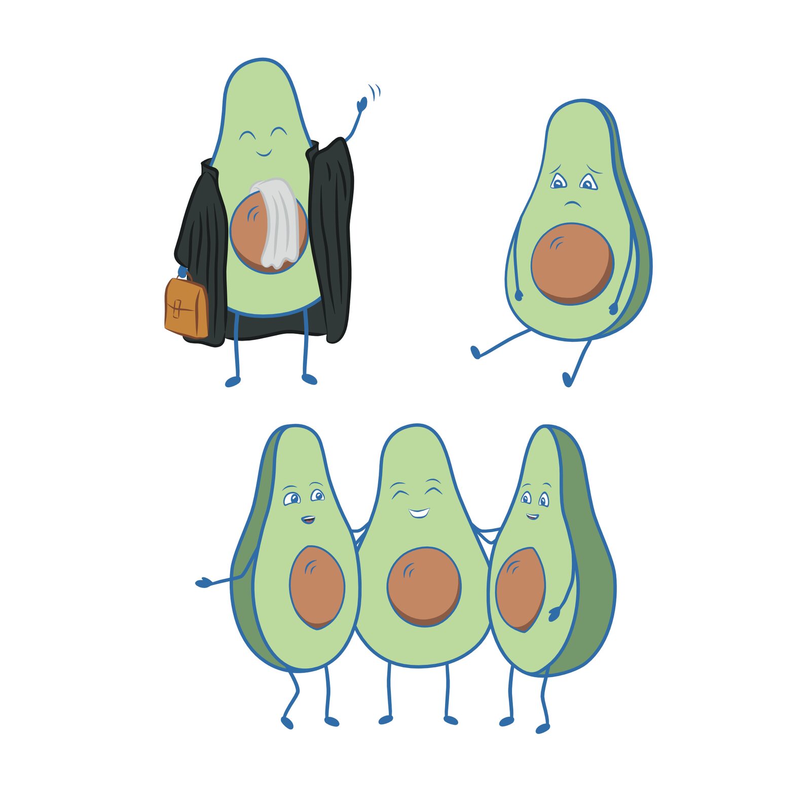 Illustration de trois mascottes avocat (le fuit). La première porte la tenue d'un avocat (le professionnel), la deuxième est abattue et la troisième représente trois avocas en train de discuter.